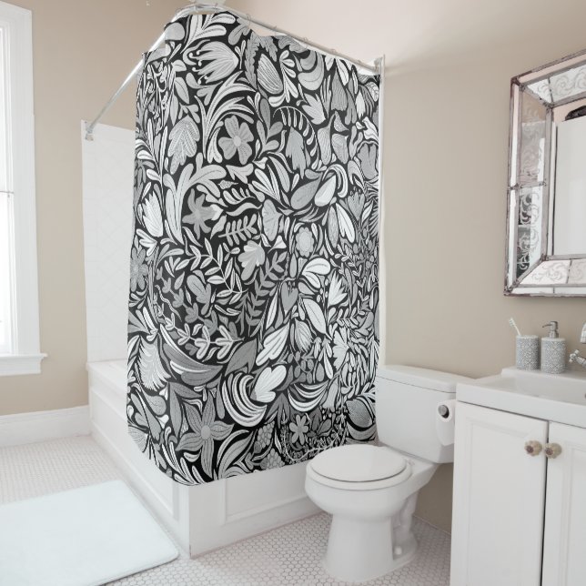 Silver Black Floral Leaves Illustration Pattern (In Situ)