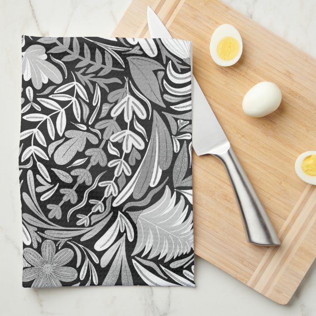 Silver Black Floral Leaves Illustration Pattern Kitchen Towel (Quarter Fold)