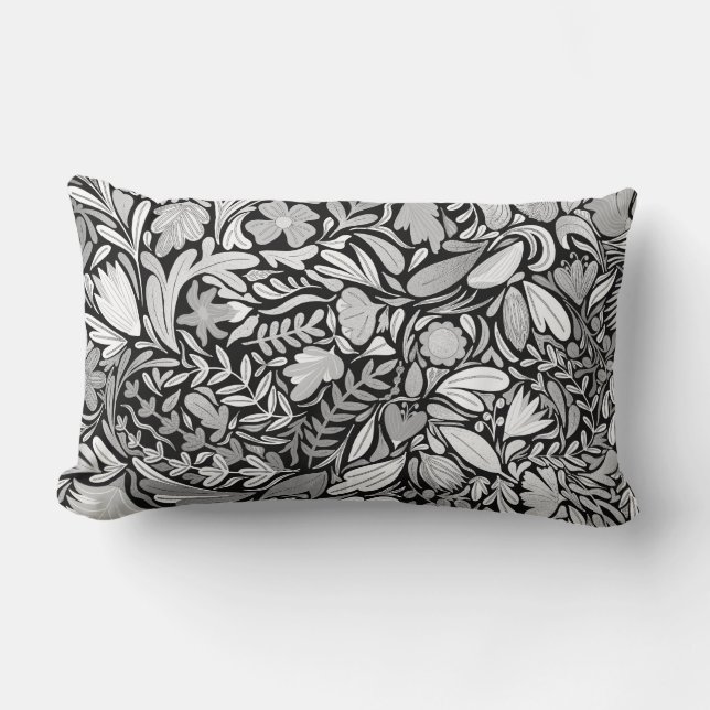 Silver Black Floral Leaves Illustration Pattern Lumbar Pillow (Front)
