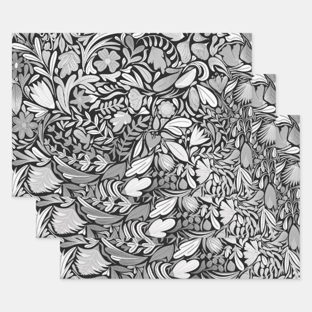 Silver Black Floral Leaves Illustration Pattern Wrapping Paper Sheet (Set)