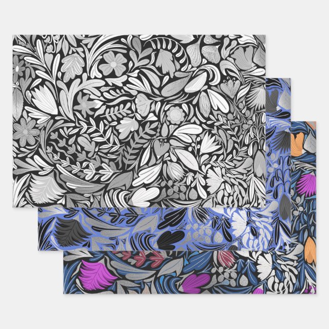 Silver Black Floral Leaves Illustration Pattern Wrapping Paper Sheet (Set)