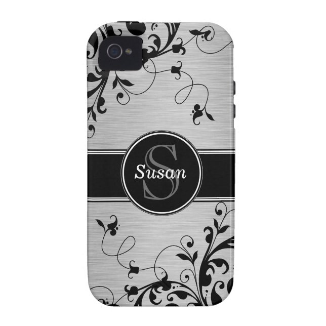 Silver Black Floral Swirls iPhone 4 Case-Mate Case (Back)