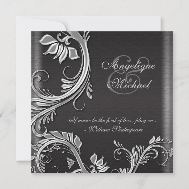 Silver black floral wedding engagement invitation (Front)