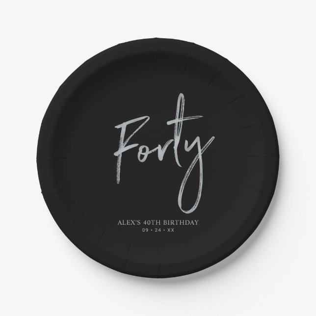 Silver & Black Forty Lettering 40th birthday Paper Plate (Front)