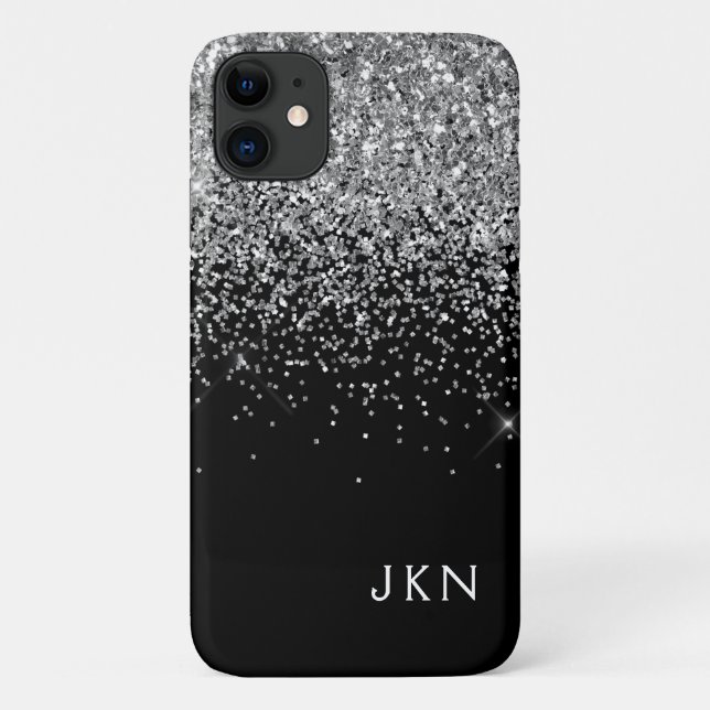 Silver Black Girly Glitter Sparkle Monogram Name Case-Mate iPhone Case (Back)