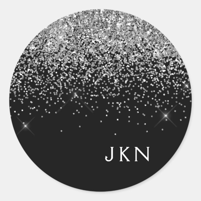 Silver Black Girly Glitter Sparkle Monogram Name Classic Round Sticker (Front)