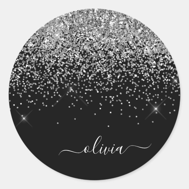 Silver Black Girly Glitter Sparkle Monogram Name Classic Round Sticker (Front)
