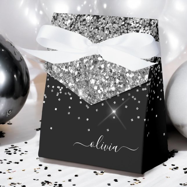 Silver Black Girly Glitter Sparkle Monogram Name Favor Box (Creator Uploaded)