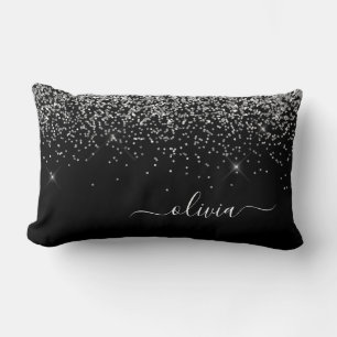 Silver Black Girly Glitter Sparkle Monogram Name Lumbar Pillow