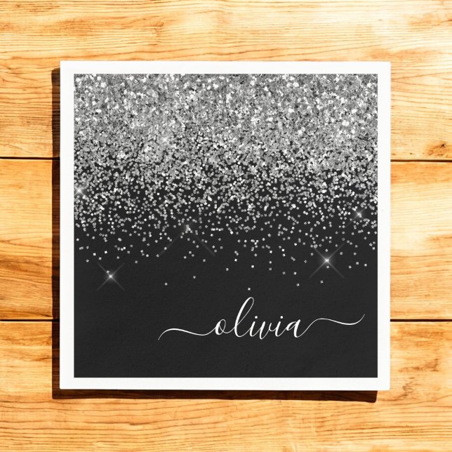 Silver Black Girly Glitter Sparkle Monogram Name Napkin (Creator Uploaded)