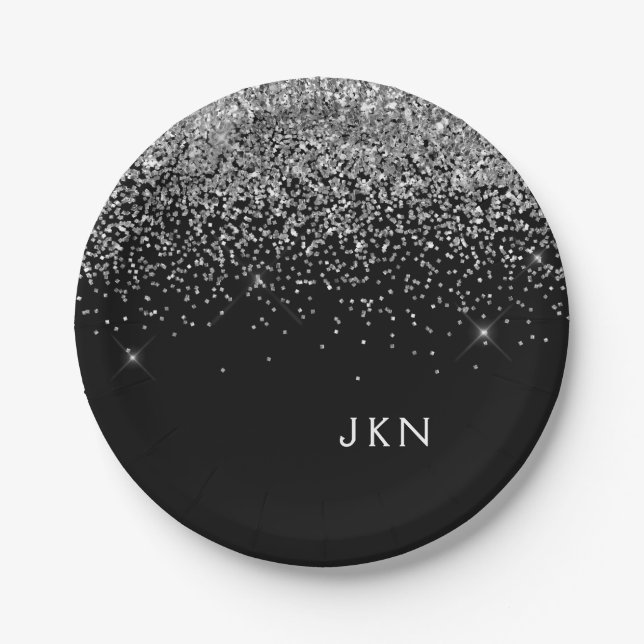 Silver Black Girly Glitter Sparkle Monogram Name Paper Plate (Front)