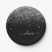 Silver Black Girly Glitter Sparkle Monogram Name