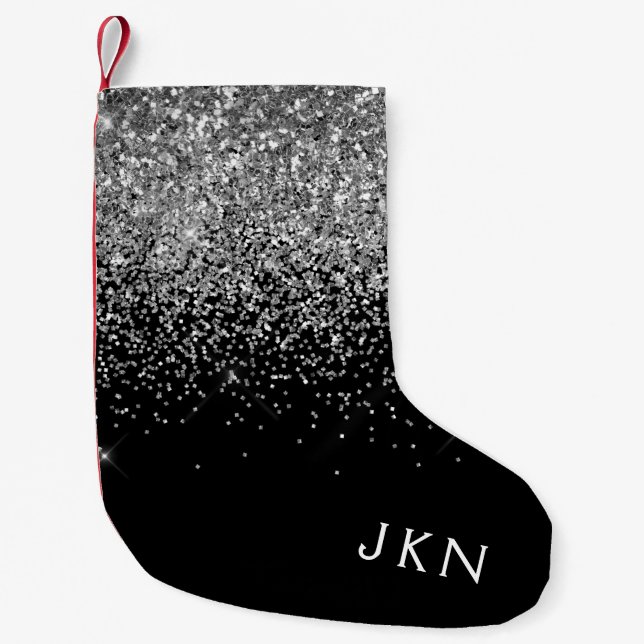 Silver Black Girly Glitter Sparkle Monogram Name Small Christmas Stocking (Front)