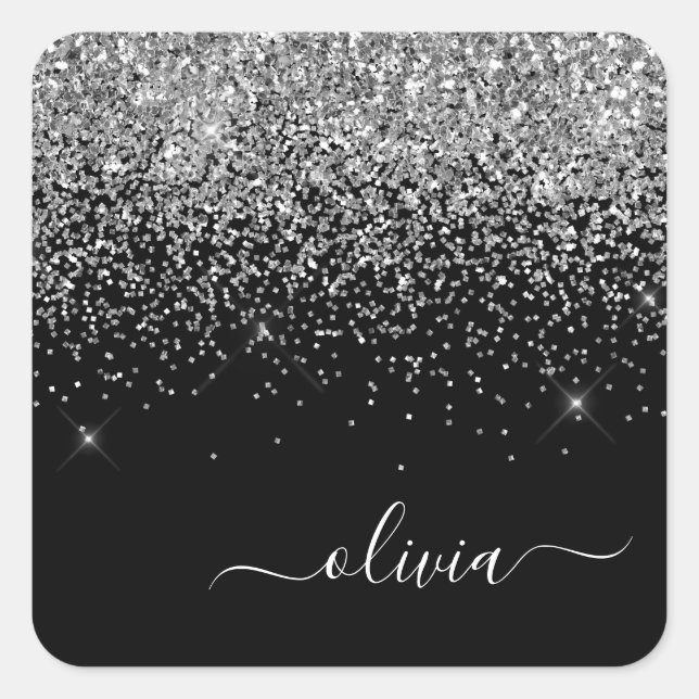 Silver Black Girly Glitter Sparkle Monogram Name Square Sticker (Front)