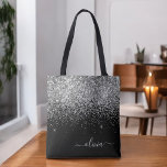 Silver Black Girly Glitter Sparkle Monogram Name Tote Bag<br><div class="desc">Black and Silver Faux Sparkle and Glitter Elegant Monogram Book Bag. This Book Bag can be customized to include your initial and first name and given as a gift for Christmas,  Sweet 16 Birthday,  Bridal Shower or a Wedding.</div>