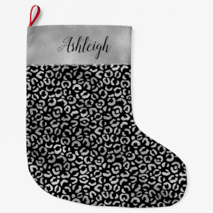 Silver Black Glam Leopard Print Large Christmas Stocking