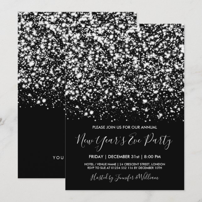 Silver & Black Glam New Years Eve Party Invitation (Front/Back)
