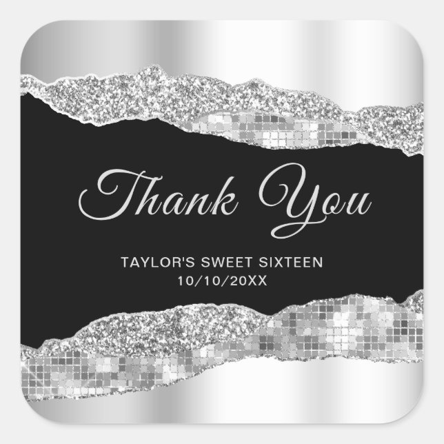 Silver Black Glam Tears Sweet Sixteen Thank You Square Sticker (Front)