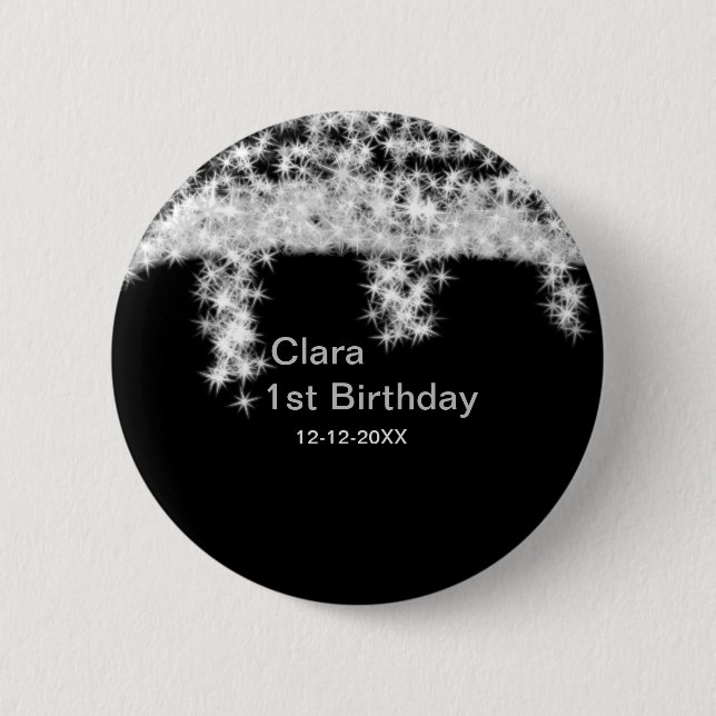 Silver black glitter add name birthday date year t 2 inch round button (Front)