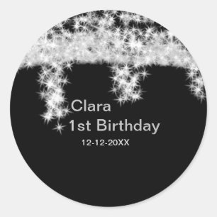 Silver black glitter add name birthday date year t classic round sticker