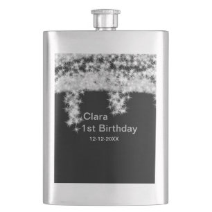 Silver black glitter add name birthday date year t hip flask