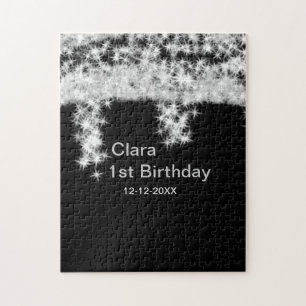 Silver black glitter add name birthday date year t jigsaw puzzle