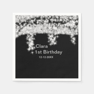 Silver black glitter add name birthday date year t napkin