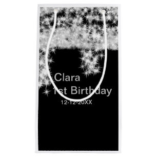 Silver black glitter add name birthday date year t small gift bag