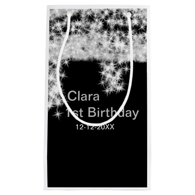 Silver black glitter add name birthday date year t small gift bag (Front)