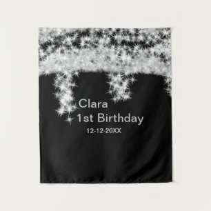 Silver black glitter add name birthday date year t tapestry