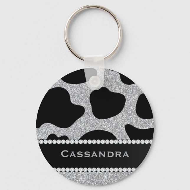 Silver & Black Glitter Cow Print Diamonds Name Keychain (Front)