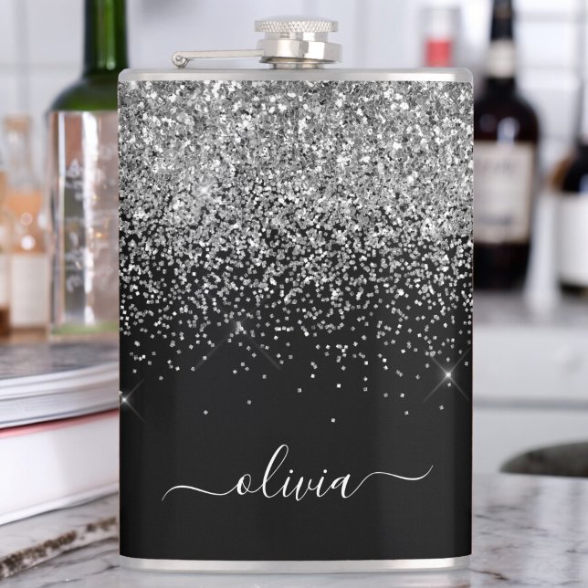 Silver Black Glitter Custom Monogram Name Hip Flask (Creator Uploaded)