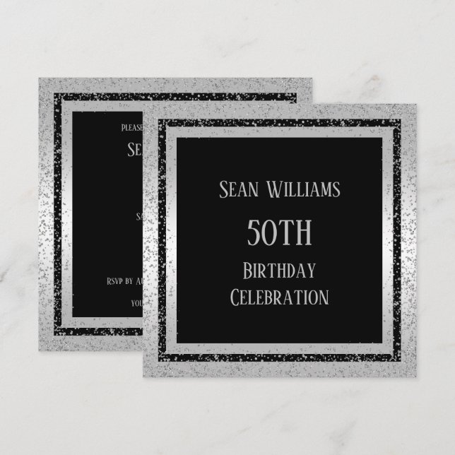 Silver & Black Glitter Framed Man's 50th Birthday Invitation (Front/Back)