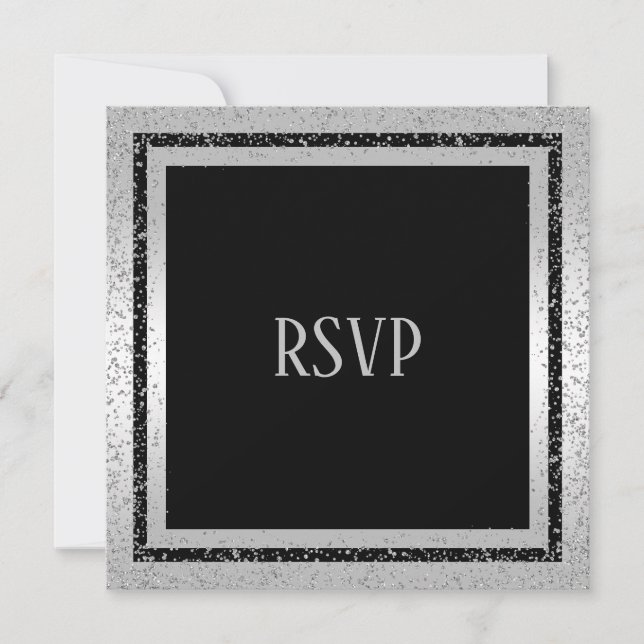 Silver & Black Glitter Framed Man's Birthday RSVP (Front)