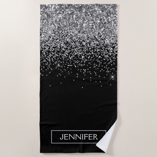 Silver Black Glitter Girly Monogram Name Beach Towel (Front)