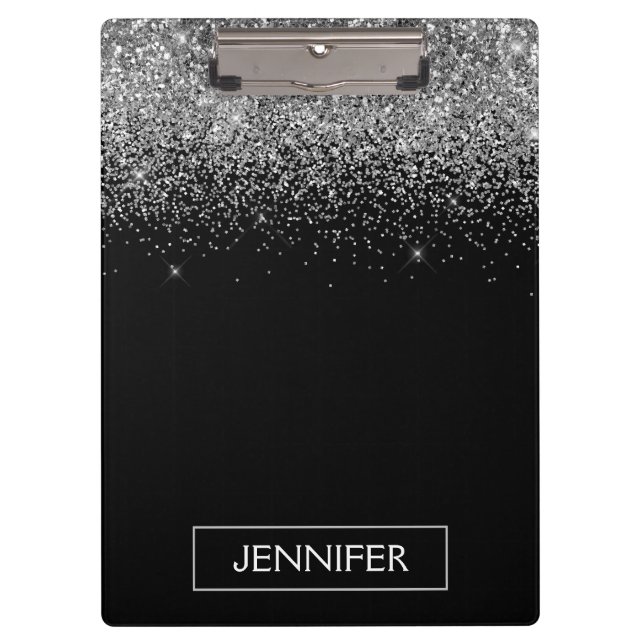 Silver Black Glitter Girly Monogram Name Clipboard (Front)
