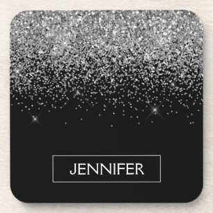 Silver Black Glitter Girly Monogram Name Coaster