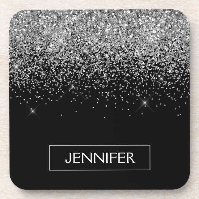 Silver Black Glitter Girly Monogram Name Coaster (Front)