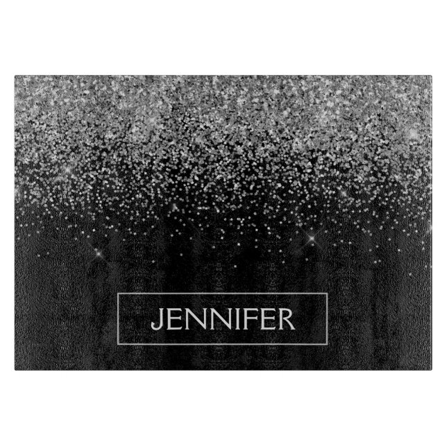 Silver Black Glitter Girly Monogram Name Cutting Board (Front)