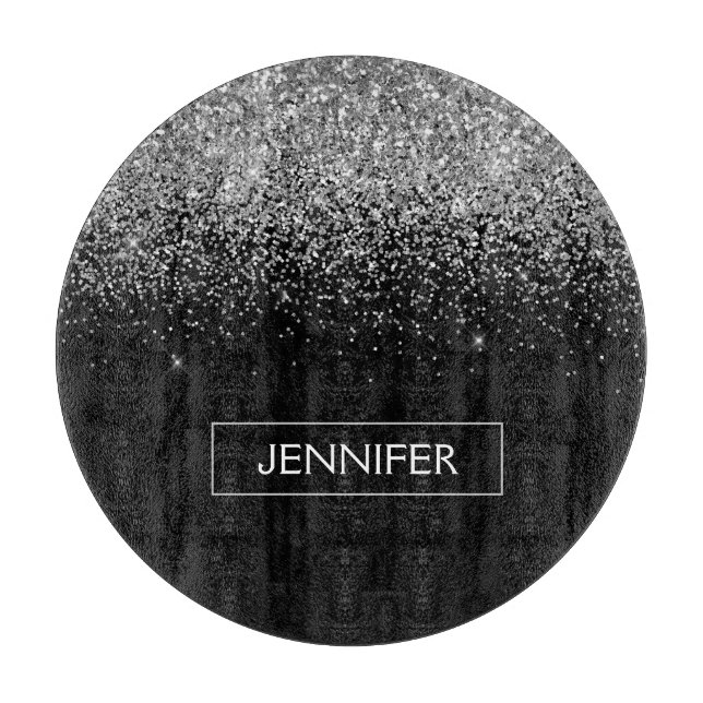 Silver Black Glitter Girly Monogram Name Cutting Board (Front)