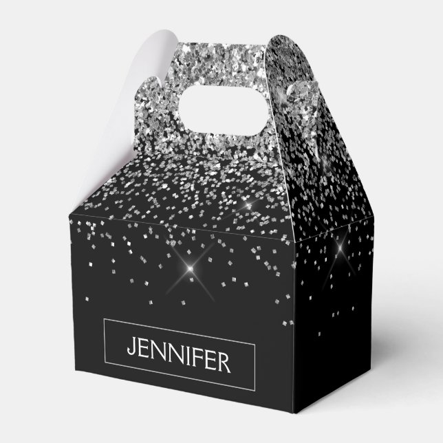 Silver Black Glitter Girly Monogram Name Favor Box (Front Side)