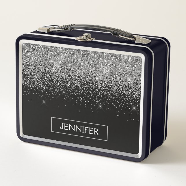 Silver Black Glitter Girly Monogram Name Metal Lunch Box (Front)