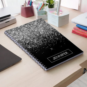 Silver Black Glitter Girly Monogram Name Notebook