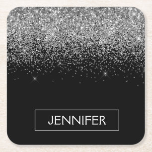 Silver Black Glitter Girly Monogram Name Square Paper Coaster