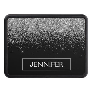 Silver Black Glitter Girly Monogram Name Trailer Hitch Cover