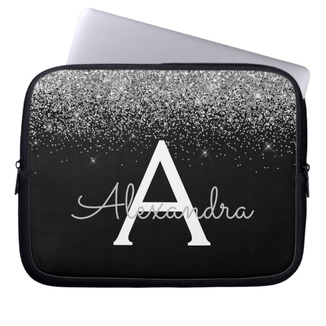 Silver Black Glitter Glam Chic Monogram Laptop Sleeve (Front)