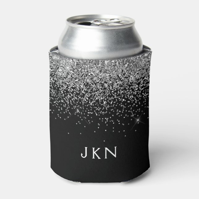 Silver Black Glitter Monogram Girly Name Initials Can Cooler (Can Front)