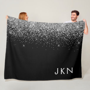 Silver Black Glitter Monogram Girly Name Initials Fleece Blanket