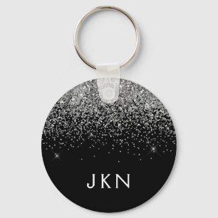 Silver Black Glitter Monogram Girly Name Initials Keychain
