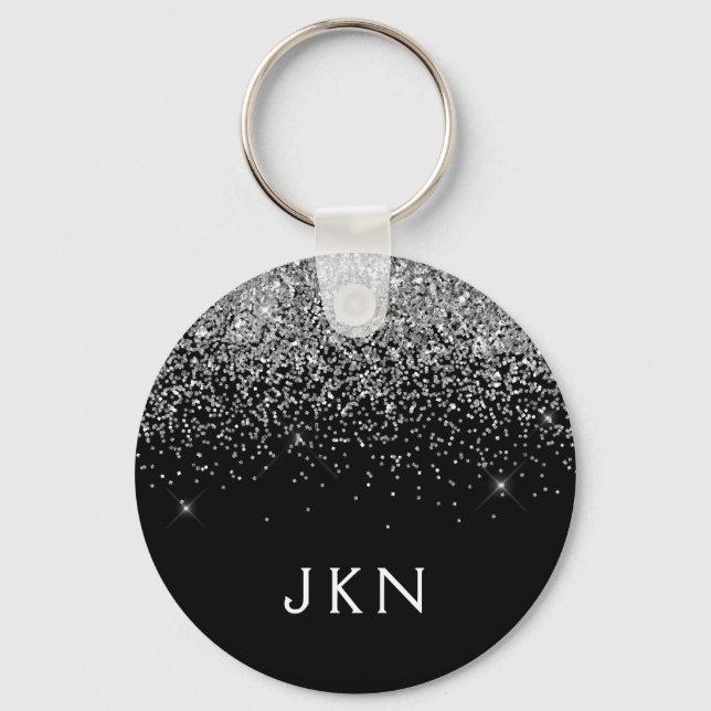Silver Black Glitter Monogram Girly Name Initials Keychain (Front)